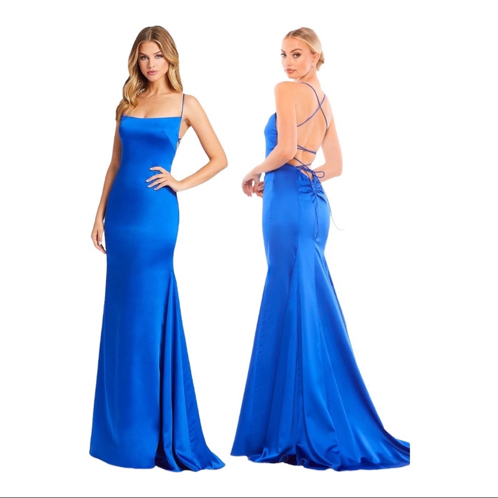Mac McDougal LACE UP Open BACK CHARMEUSE GOWN Sexy black tie Royal BLUE BNWT